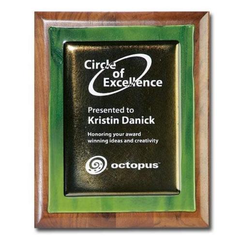 Awards and Trophies - Plaque Awards - Glass Plaques - Metallic Fusion Plaque - Walnut/Green