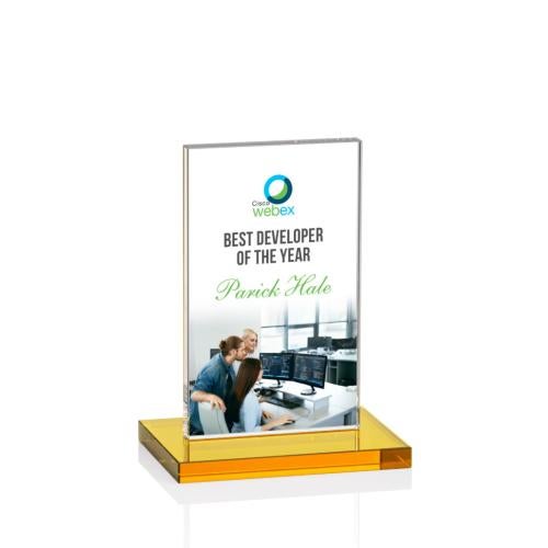 Awards and Trophies - Crystal Awards - Heathrow Full Color Amber Rectangle Crystal Award