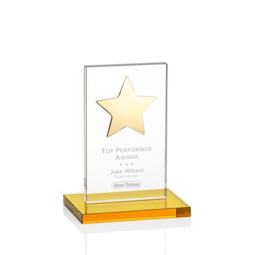Awards and Trophies - Crystal Awards - Dallas Star Amber/Gold Rectangle Crystal Award