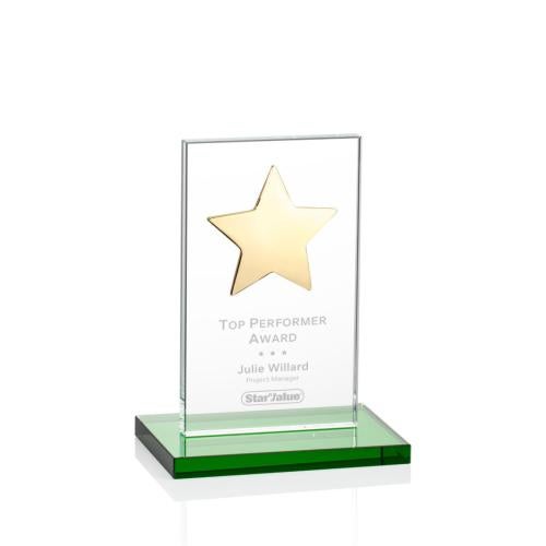 Awards and Trophies - Crystal Awards - Dallas Star Green/Gold  Rectangle Crystal Award