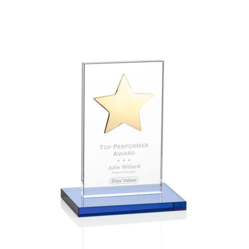 Awards and Trophies - Crystal Awards - Dallas Star Sky Blue/Gold  Rectangle Crystal Award