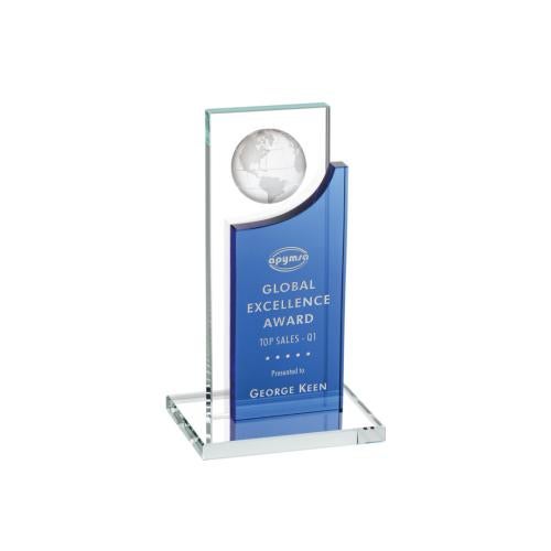 Awards and Trophies - Crystal Awards - Sherwood Globe Blue Rectangle Crystal Award