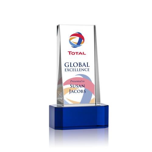 Awards and Trophies - Crystal Awards - Milnerton Full Color Blue on Base Towers Crystal Award