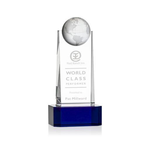 Awards and Trophies - Crystal Awards - Sherbourne Globe Blue on Base Towers Crystal Award