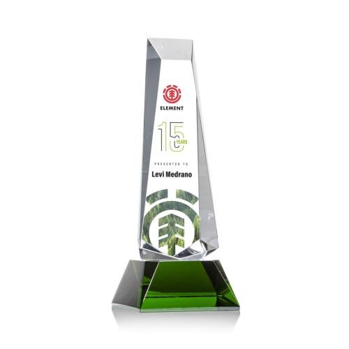Awards and Trophies - Crystal Awards - Rustern Full Color Green on Base Obelisk Crystal Award