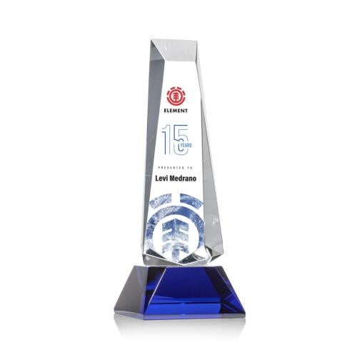 Awards and Trophies - Crystal Awards - Rustern Full Color Blue on Base Obelisk Crystal Award