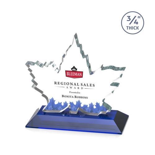 Awards and Trophies - Crystal Awards - Maple Leaf Full Color Blue Unique Crystal Award