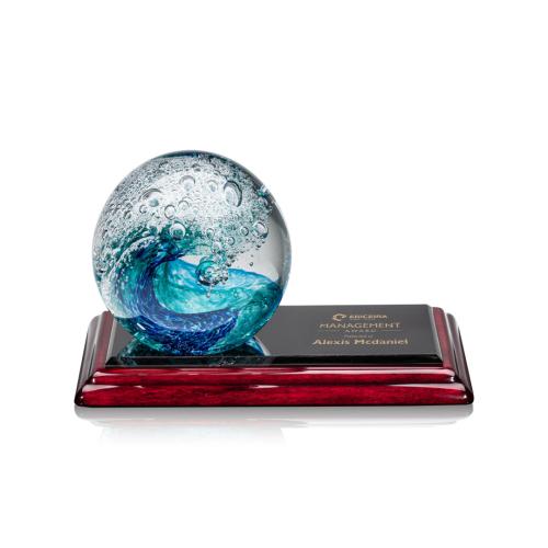Awards and Trophies - Crystal Awards - Glass Awards - Art Glass Awards - Surfside Globe on Rosewood Base Glass Award