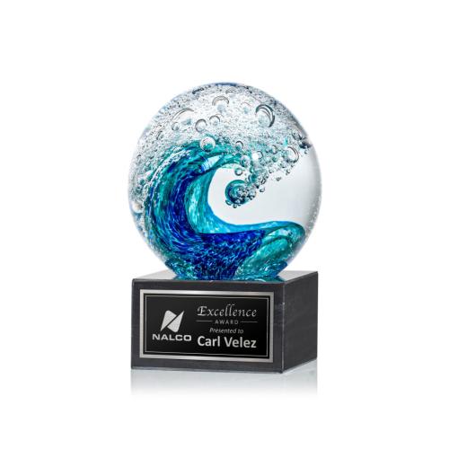 Awards and Trophies - Crystal Awards - Glass Awards - Art Glass Awards - Surfside Globe on Square Marble Glass Award
