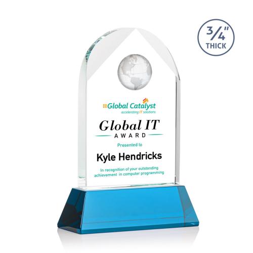 Awards and Trophies - Crystal Awards - Blake Full Color Sky Blue on Newhaven Globe Crystal Award
