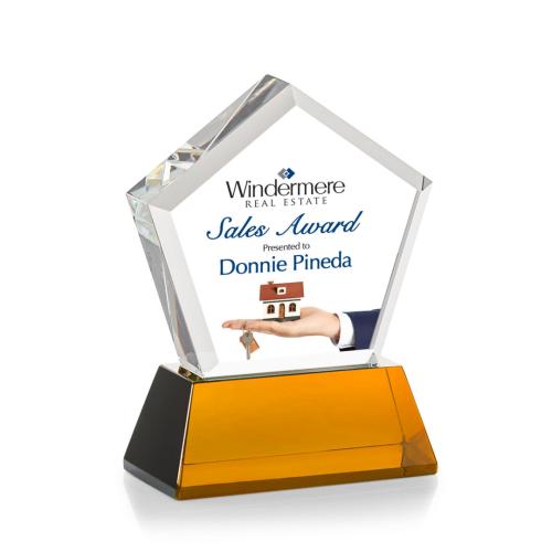 Awards and Trophies - Crystal Awards - Genosee Full Color Amber on Base Polygon Crystal Award