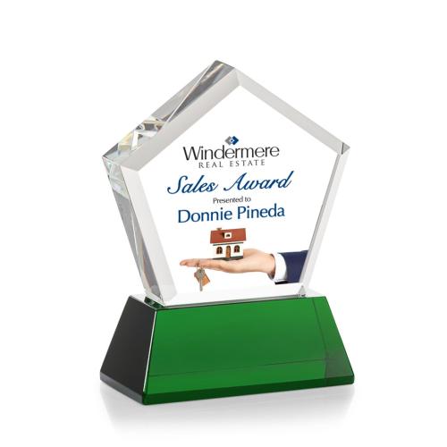 Awards and Trophies - Crystal Awards - Genosee Full Color Green on Base Polygon Crystal Award