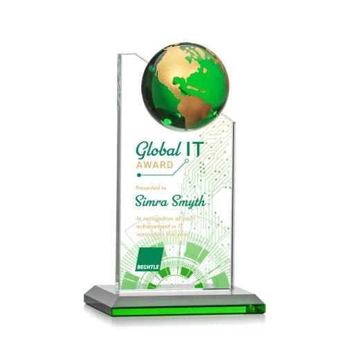 Awards and Trophies - Crystal Awards - Arden  Full Color Green/Gold Globe Crystal Award