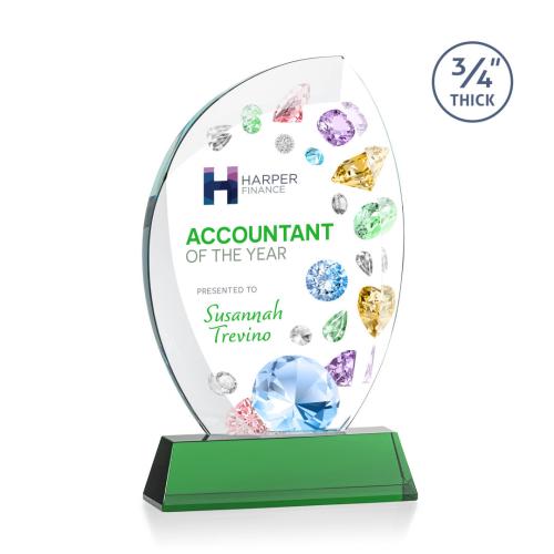 Awards and Trophies - Crystal Awards - Wichita Full Color Green on Newhaven Base Flame Crystal Award
