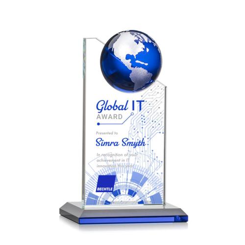 Awards and Trophies - Crystal Awards - Arden Full Color Blue/Silver Globe Crystal Award