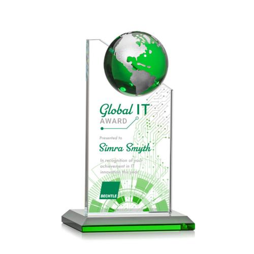 Awards and Trophies - Crystal Awards - Arden Full Color  Green/Silver Globe Crystal Award