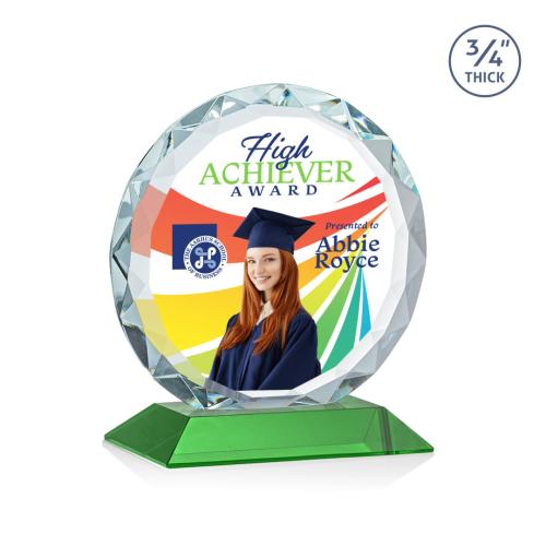 Awards and Trophies - Crystal Awards - Centura Full Color Green Circle Crystal Award