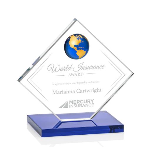 Awards and Trophies - Crystal Awards - Ferrand Globe Blue/Gold Diamond Crystal Award