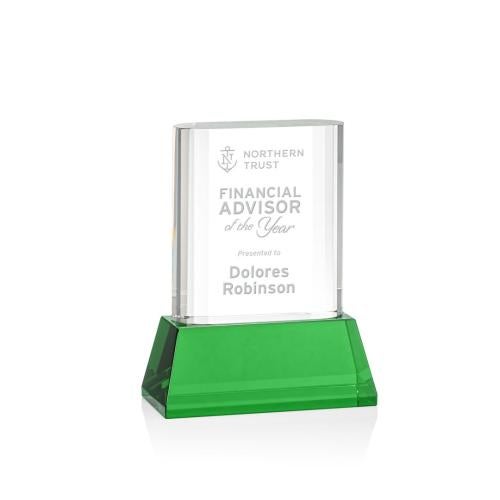 Awards and Trophies - Crystal Awards - Merit Green on Base Rectangle Crystal Award