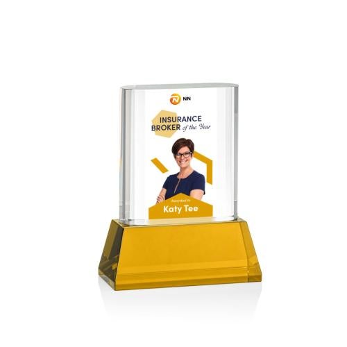 Awards and Trophies - Crystal Awards - Merit Full Color Amber on Base Rectangle Crystal Award