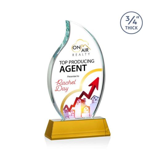 Awards and Trophies - Crystal Awards - Croydon Full Color Amber on Newhaven Base Flame Crystal Award