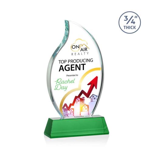 Awards and Trophies - Crystal Awards - Croydon Full Color Green on Newhaven Base Flame Crystal Award