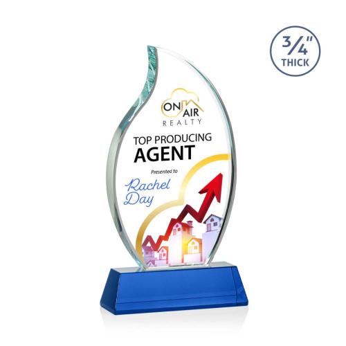 Awards and Trophies - Crystal Awards - Croydon Full Color Blue on Newhaven Base Flame Crystal Award