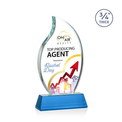 Awards and Trophies - Crystal Awards - Croydon Full Color Sky Blue on Newhaven Base Flame Crystal Award