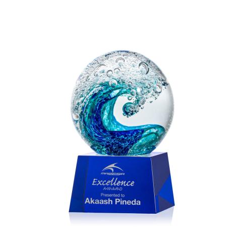 Awards and Trophies - Crystal Awards - Glass Awards - Art Glass Awards - Surfside Globe on Robson Blue Glass Award