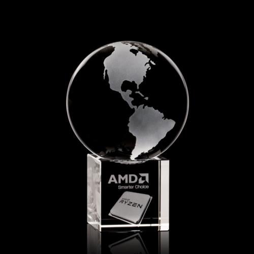 Awards and Trophies - Crystal Awards - Globe on Cube 3D Square / Cube Crystal Award