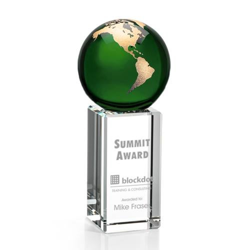 Awards and Trophies - Crystal Awards - Luz Green/Gold Globe Crystal Award