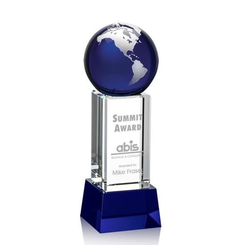 Awards and Trophies - Crystal Awards - Luz Blue/Silver on Base Globe Crystal Award