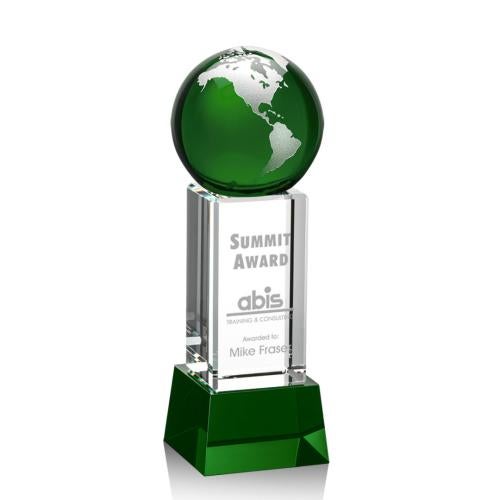 Awards and Trophies - Crystal Awards - Luz Green/Silver on Base Globe Crystal Award