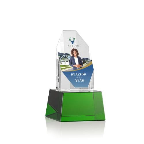 Awards and Trophies - Crystal Awards - Barrhaven Full Color Green on Base Polygon Crystal Award