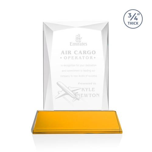 Awards and Trophies - Crystal Awards - Messina Amber on Newhaven Base Rectangle Crystal Award