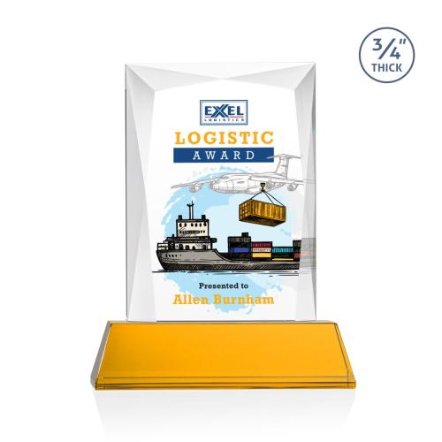 Awards and Trophies - Crystal Awards - Messina Full Color Amber on Newhaven Base Rectangle Crystal Award