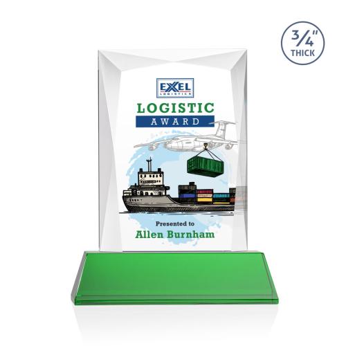 Awards and Trophies - Crystal Awards - Messina Full Color Green on Newhaven Base Rectangle Crystal Award