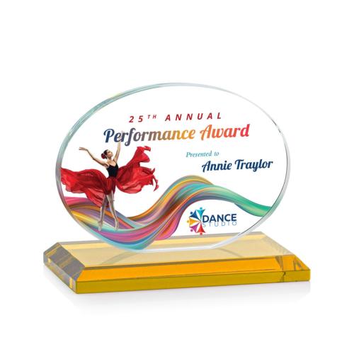 Awards and Trophies - Crystal Awards - Austin (Horiz) Full Color Amber Circle Crystal Award