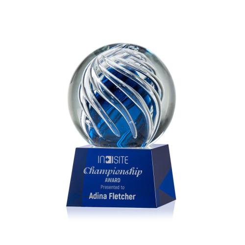 Awards and Trophies - Crystal Awards - Glass Awards - Art Glass Awards - Genista Blue on Robson Base Globe Glass Award