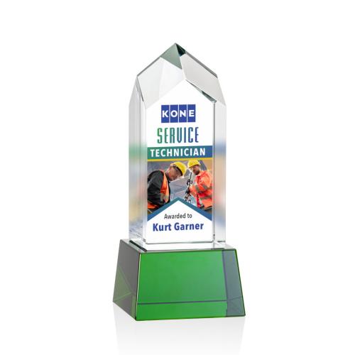 Awards and Trophies - Crystal Awards - Clarington Full Color Green on Base Towers Crystal Award