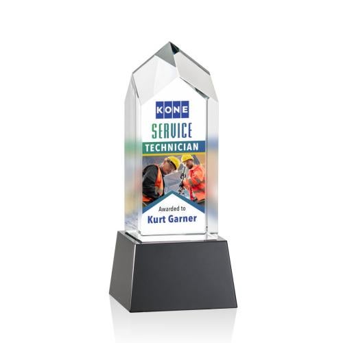 Awards and Trophies - Crystal Awards - Clarington Full Color Black on Base Towers Crystal Award