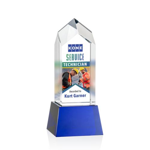 Awards and Trophies - Crystal Awards - Clarington Full Color Blue on Base Towers Crystal Award