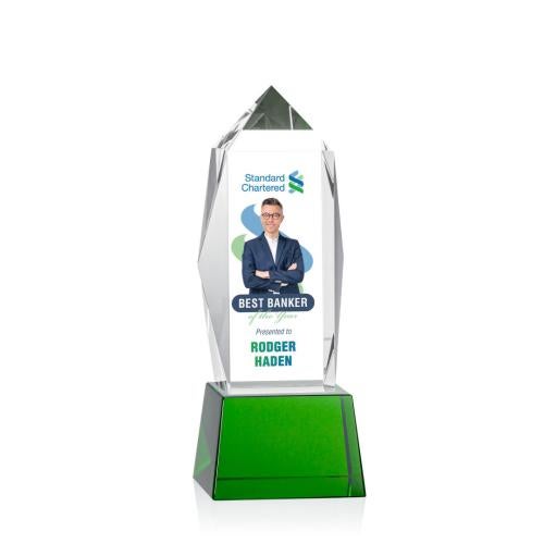 Awards and Trophies - Crystal Awards - Bloomington Full Color Green on Base Obelisk Crystal Award