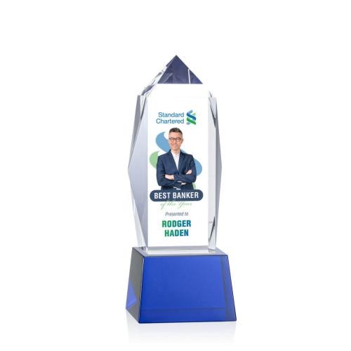 Awards and Trophies - Crystal Awards - Bloomington Full Color Blue on Base Obelisk Crystal Award