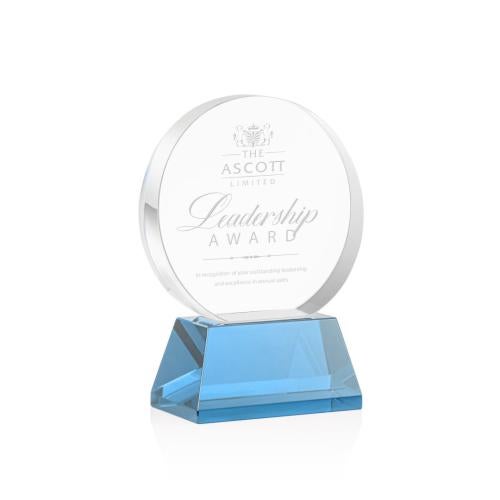 Awards and Trophies - Crystal Awards - Glenwood Sky Blue on Base Circle Crystal Award