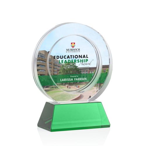 Awards and Trophies - Crystal Awards - Templeton Full Color Green on Base Circle Crystal Award