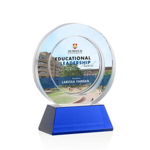 Awards and Trophies - Crystal Awards - Templeton Full Color Blue on Base Circle Crystal Award