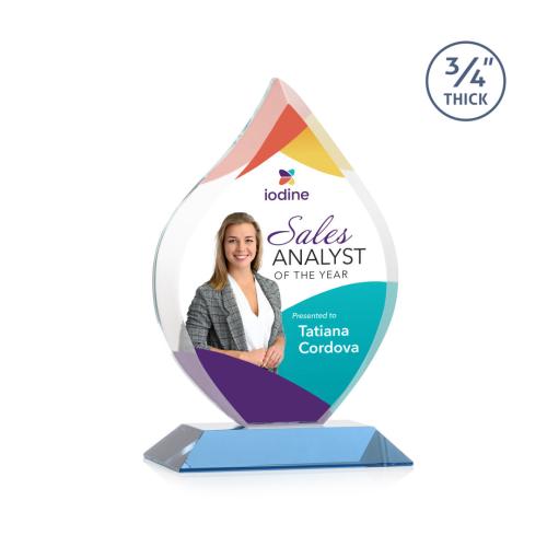 Awards and Trophies - Crystal Awards - Worthington Full Color Sky Blue Flame Crystal Award