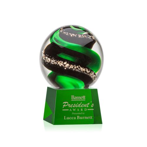 Awards and Trophies - Crystal Awards - Glass Awards - Art Glass Awards - Zodiac Green on Robson Base Globe Glass Award