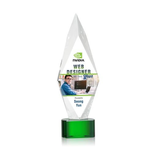 Awards and Trophies - Crystal Awards - Manilow Full Color Green on Paragon Base Diamond Crystal Award